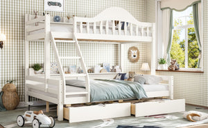 English Elm Twin Over Full Solid Pine Bunk Bed with Curved Guardrail Storage Drawers and Shelves Beige W5305S00151