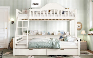 English Elm Twin Over Full Solid Pine Bunk Bed with Curved Guardrail Storage Drawers and Shelves Beige W5305S00151