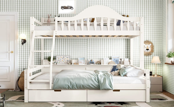 English Elm Twin Over Full Solid Pine Bunk Bed with Curved Guardrail Storage Drawers and Shelves Beige W5305S00151