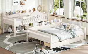 English Elm Twin Over Full Solid Pine Bunk Bed with Curved Guardrail Storage Drawers and Shelves Beige W5305S00151
