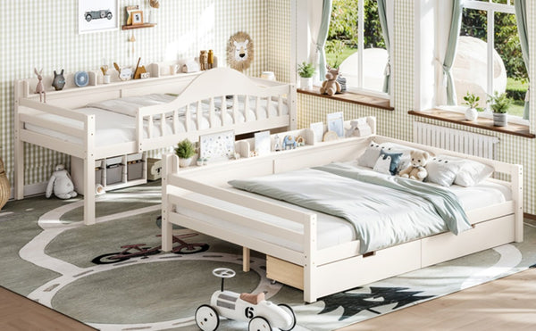 English Elm Twin Over Full Solid Pine Bunk Bed with Curved Guardrail Storage Drawers and Shelves Beige W5305S00151