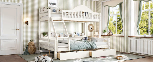 English Elm Twin Over Full Solid Pine Bunk Bed with Curved Guardrail Storage Drawers and Shelves Beige W5305S00151
