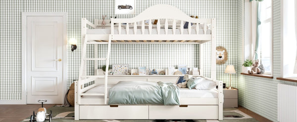 English Elm Twin Over Full Solid Pine Bunk Bed with Curved Guardrail Storage Drawers and Shelves Beige W5305S00151