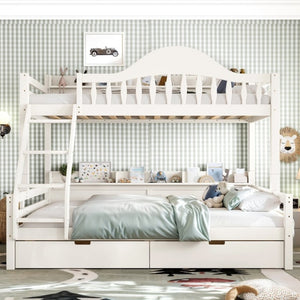 English Elm Twin Over Full Solid Pine Bunk Bed with Curved Guardrail Storage Drawers and Shelves Beige W5305S00151