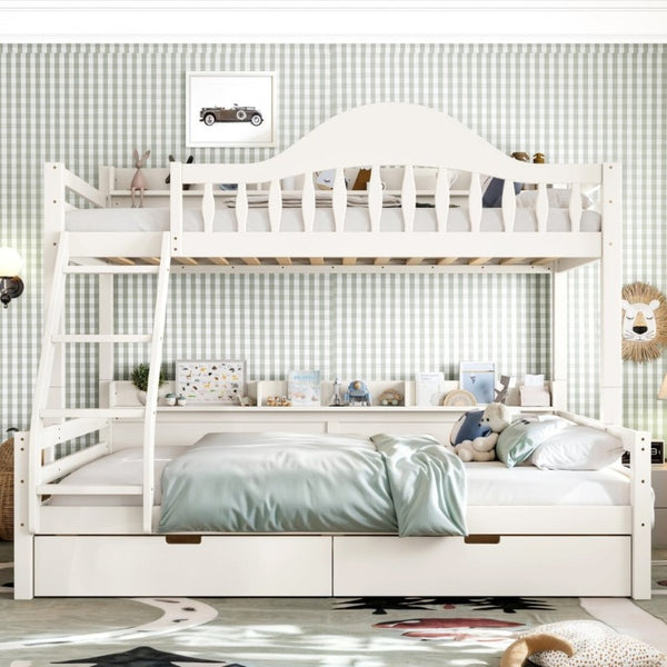 English Elm Twin Over Full Solid Pine Bunk Bed with Curved Guardrail Storage Drawers and Shelves Beige W5305S00151