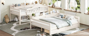 English Elm Twin Over Full Solid Pine Bunk Bed with Curved Guardrail Storage Drawers and Shelves Beige W5305S00151