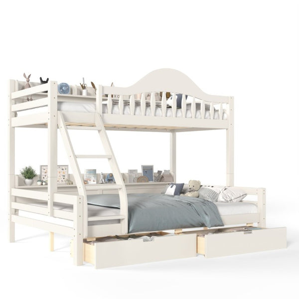 English Elm Twin Over Full Solid Pine Bunk Bed with Curved Guardrail Storage Drawers and Shelves Beige W5305S00151