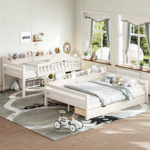 English Elm Twin Over Full Solid Pine Bunk Bed with Curved Guardrail Storage Drawers and Shelves Beige W5305S00151