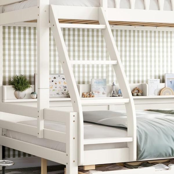 English Elm Twin Over Full Solid Pine Bunk Bed with Curved Guardrail Storage Drawers and Shelves Beige W5305S00151