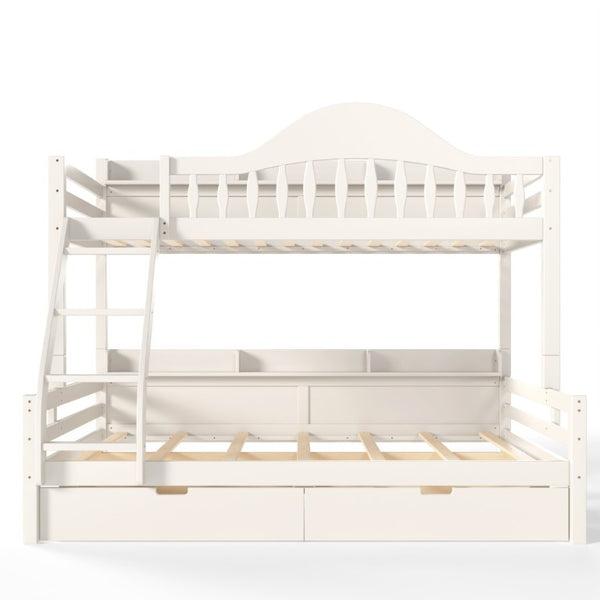 English Elm Twin Over Full Solid Pine Bunk Bed with Curved Guardrail Storage Drawers and Shelves Beige W5305S00151