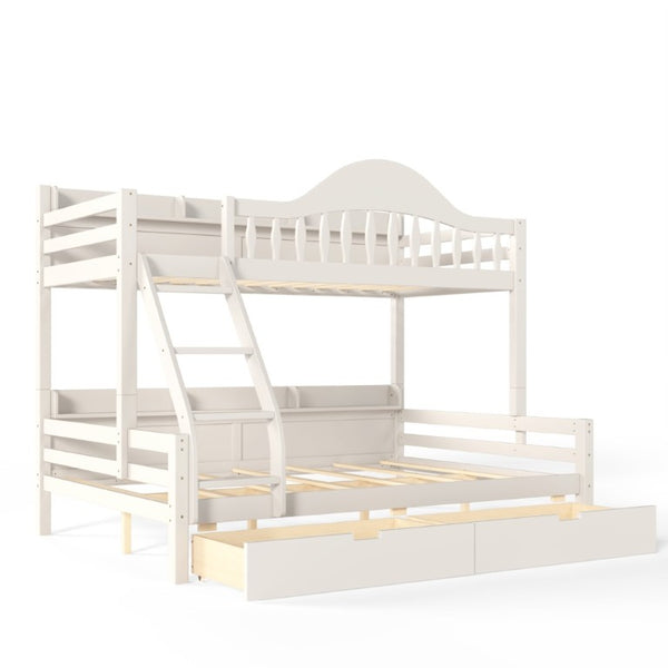 English Elm Twin Over Full Solid Pine Bunk Bed with Curved Guardrail Storage Drawers and Shelves Beige W5305S00151