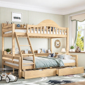 English Elm Twin Over Full Solid Pine Bunk Bed with Curved Guardrail Storage Drawers and Shelves Natural W5305S00152