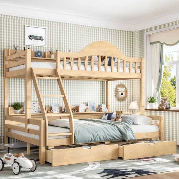 English Elm Twin Over Full Solid Pine Bunk Bed with Curved Guardrail Storage Drawers and Shelves Natural W5305S00152