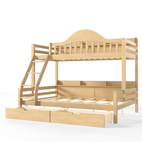 English Elm Twin Over Full Solid Pine Bunk Bed with Curved Guardrail Storage Drawers and Shelves Natural W5305S00152