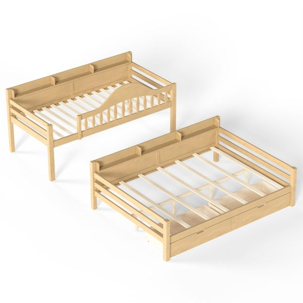 English Elm Twin Over Full Solid Pine Bunk Bed with Curved Guardrail Storage Drawers and Shelves Natural W5305S00152