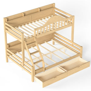 English Elm Twin Over Full Solid Pine Bunk Bed with Curved Guardrail Storage Drawers and Shelves Natural W5305S00152