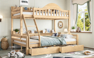 English Elm Twin Over Full Solid Pine Bunk Bed with Curved Guardrail Storage Drawers and Shelves Natural W5305S00152