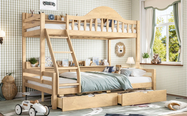 English Elm Twin Over Full Solid Pine Bunk Bed with Curved Guardrail Storage Drawers and Shelves Natural W5305S00152
