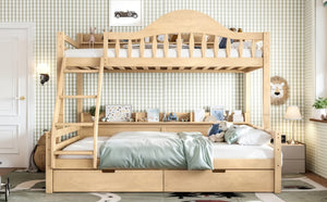 English Elm Twin Over Full Solid Pine Bunk Bed with Curved Guardrail Storage Drawers and Shelves Natural W5305S00152