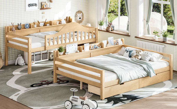 English Elm Twin Over Full Solid Pine Bunk Bed with Curved Guardrail Storage Drawers and Shelves Natural W5305S00152