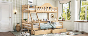 English Elm Twin Over Full Solid Pine Bunk Bed with Curved Guardrail Storage Drawers and Shelves Natural W5305S00152