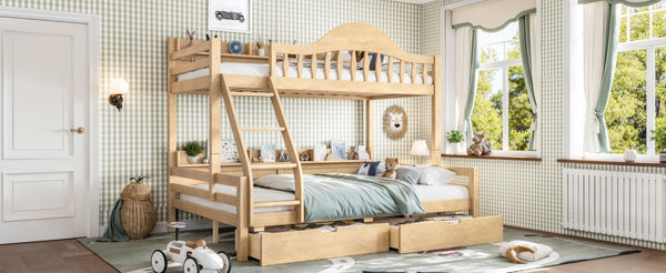 English Elm Twin Over Full Solid Pine Bunk Bed with Curved Guardrail Storage Drawers and Shelves Natural W5305S00152