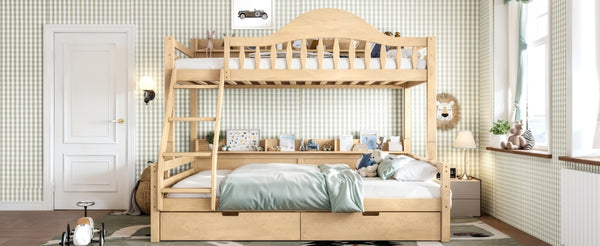 English Elm Twin Over Full Solid Pine Bunk Bed with Curved Guardrail Storage Drawers and Shelves Natural W5305S00152