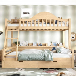 English Elm Twin Over Full Solid Pine Bunk Bed with Curved Guardrail Storage Drawers and Shelves Natural W5305S00152
