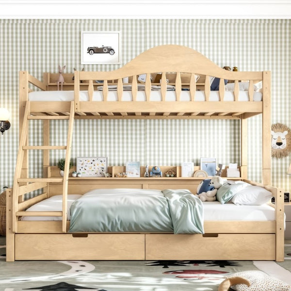 English Elm Twin Over Full Solid Pine Bunk Bed with Curved Guardrail Storage Drawers and Shelves Natural W5305S00152