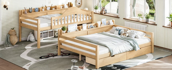 English Elm Twin Over Full Solid Pine Bunk Bed with Curved Guardrail Storage Drawers and Shelves Natural W5305S00152