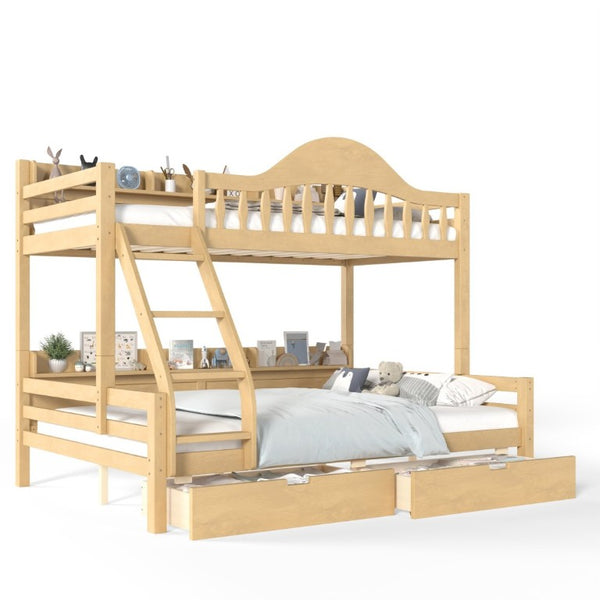 English Elm Twin Over Full Solid Pine Bunk Bed with Curved Guardrail Storage Drawers and Shelves Natural W5305S00152