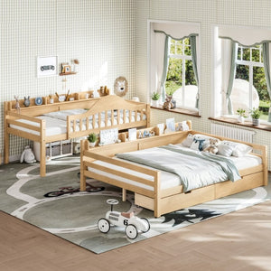 English Elm Twin Over Full Solid Pine Bunk Bed with Curved Guardrail Storage Drawers and Shelves Natural W5305S00152