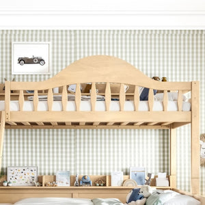English Elm Twin Over Full Solid Pine Bunk Bed with Curved Guardrail Storage Drawers and Shelves Natural W5305S00152