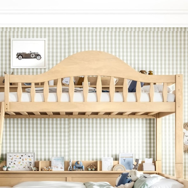 English Elm Twin Over Full Solid Pine Bunk Bed with Curved Guardrail Storage Drawers and Shelves Natural W5305S00152
