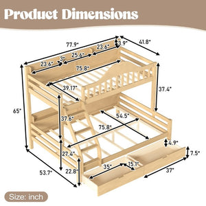 English Elm Twin Over Full Solid Pine Bunk Bed with Curved Guardrail Storage Drawers and Shelves Natural W5305S00152