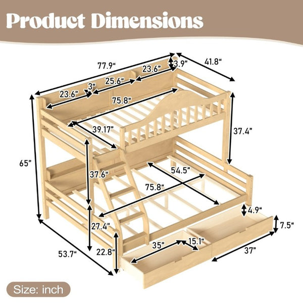 English Elm Twin Over Full Solid Pine Bunk Bed with Curved Guardrail Storage Drawers and Shelves Natural W5305S00152