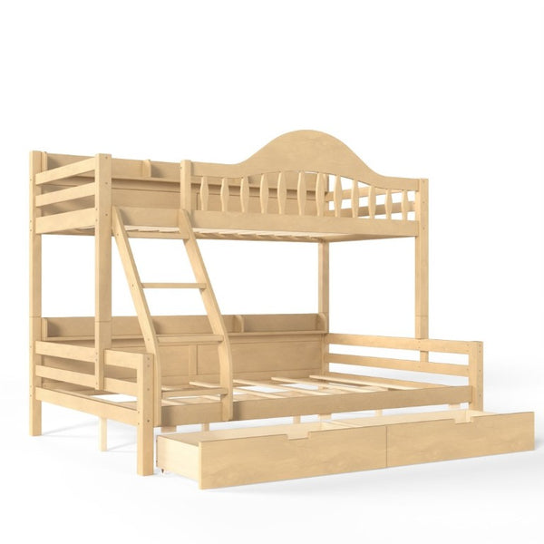 English Elm Twin Over Full Solid Pine Bunk Bed with Curved Guardrail Storage Drawers and Shelves Natural W5305S00152