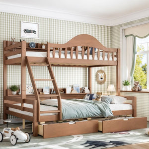 English Elm Twin Over Full Solid Pine Bunk Bed with Curved Guardrail Storage Drawers and Shelves Deep Natural W5305S00153