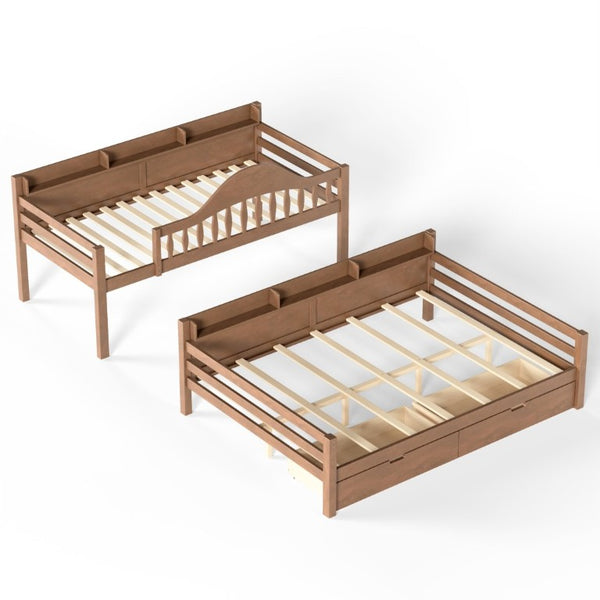 English Elm Twin Over Full Solid Pine Bunk Bed with Curved Guardrail Storage Drawers and Shelves Deep Natural W5305S00153