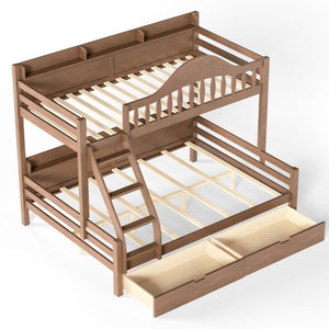 English Elm Twin Over Full Solid Pine Bunk Bed with Curved Guardrail Storage Drawers and Shelves Deep Natural W5305S00153