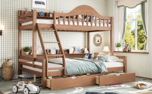 English Elm Twin Over Full Solid Pine Bunk Bed with Curved Guardrail Storage Drawers and Shelves Deep Natural W5305S00153