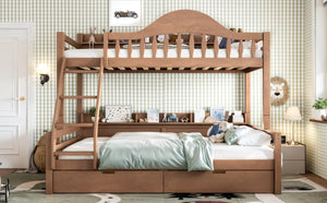 English Elm Twin Over Full Solid Pine Bunk Bed with Curved Guardrail Storage Drawers and Shelves Deep Natural W5305S00153