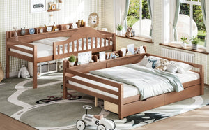 English Elm Twin Over Full Solid Pine Bunk Bed with Curved Guardrail Storage Drawers and Shelves Deep Natural W5305S00153