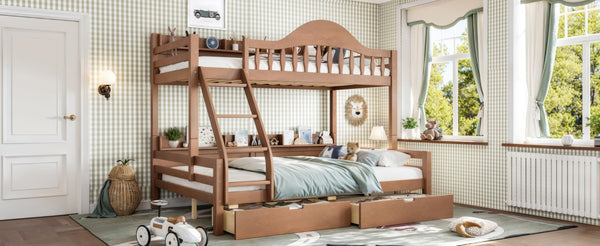 English Elm Twin Over Full Solid Pine Bunk Bed with Curved Guardrail Storage Drawers and Shelves Deep Natural W5305S00153