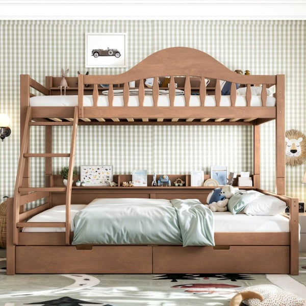 English Elm Twin Over Full Solid Pine Bunk Bed with Curved Guardrail Storage Drawers and Shelves Deep Natural W5305S00153