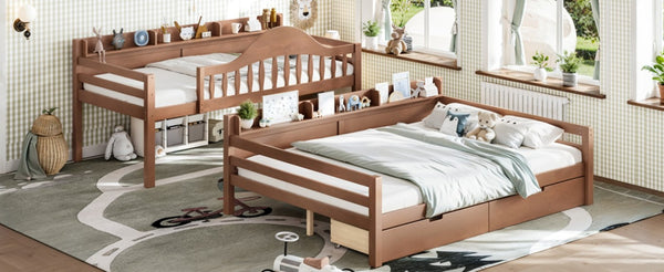 English Elm Twin Over Full Solid Pine Bunk Bed with Curved Guardrail Storage Drawers and Shelves Deep Natural W5305S00153