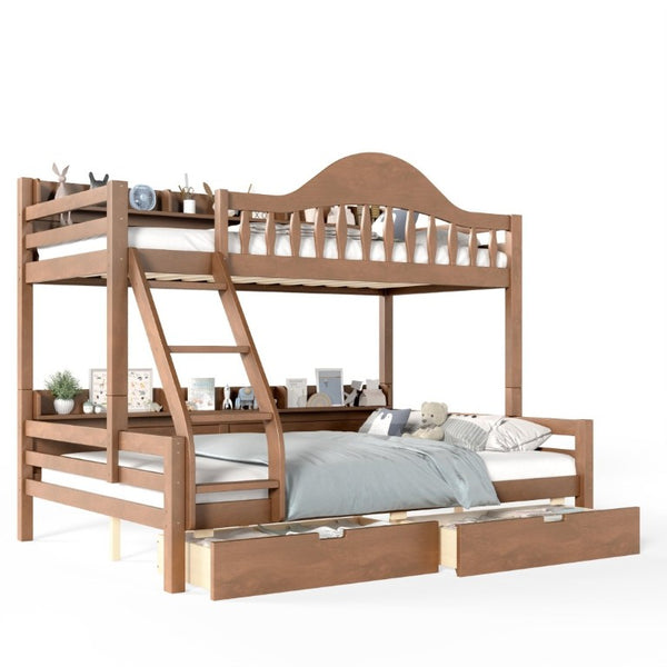 English Elm Twin Over Full Solid Pine Bunk Bed with Curved Guardrail Storage Drawers and Shelves Deep Natural W5305S00153