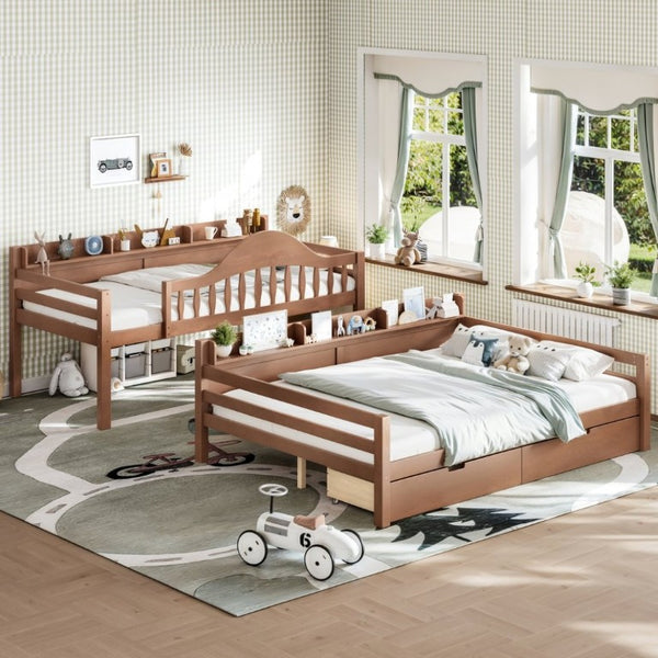 English Elm Twin Over Full Solid Pine Bunk Bed with Curved Guardrail Storage Drawers and Shelves Deep Natural W5305S00153