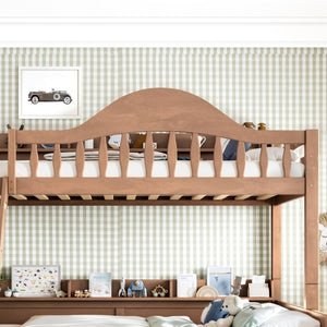 English Elm Twin Over Full Solid Pine Bunk Bed with Curved Guardrail Storage Drawers and Shelves Deep Natural W5305S00153