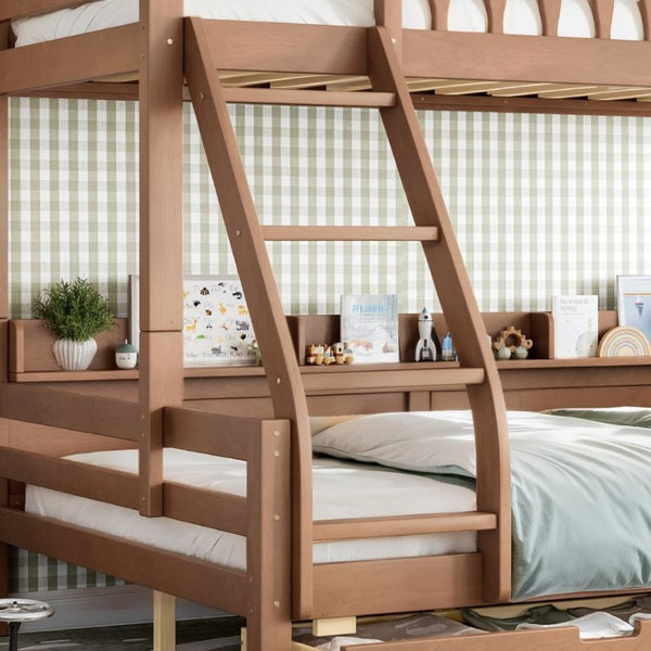 English Elm Twin Over Full Solid Pine Bunk Bed with Curved Guardrail Storage Drawers and Shelves Deep Natural W5305S00153